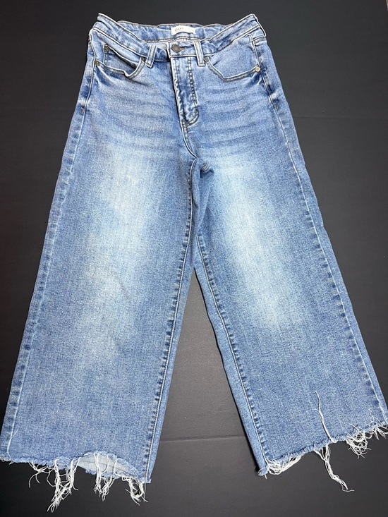 Oat New York Denim - OAT New York Wide Leg Crop Jeans Raw Hem Distressed Blue Denim Size 6/28